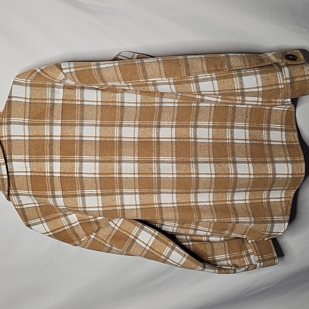 AVEC LES FILLES plaid Tan White Button Down Shirt Jacket Sz Medium - Picture 6 of 6